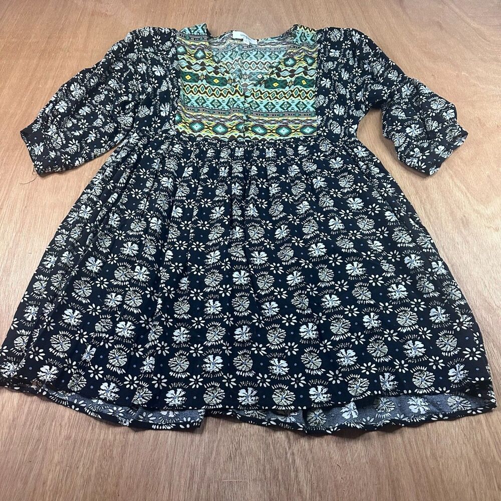 Umgee Boho Babydoll Dress Green Mixed Print 3/4 Sleeve Women S